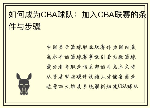 如何成为CBA球队：加入CBA联赛的条件与步骤