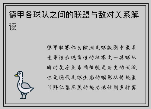 德甲各球队之间的联盟与敌对关系解读